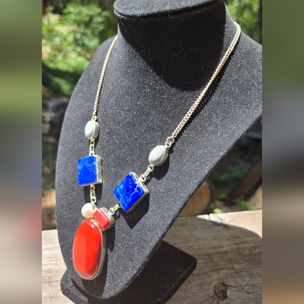 Red Turquise Coral Pearl Blue Lapis Larimar Geometric Sterling Necklace 18" - Picture 5 of 7
